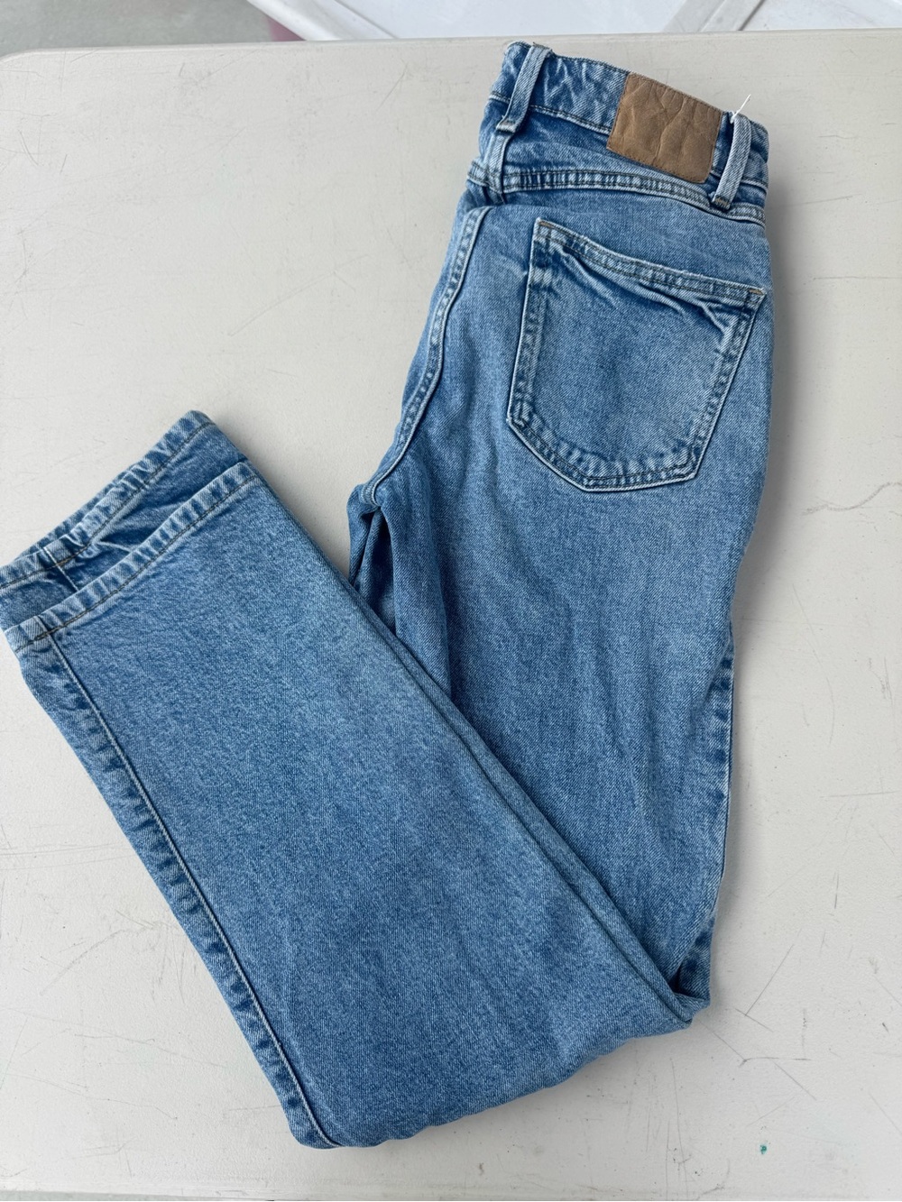 Cotton On Women's Straight Leg Jeans - Medium Blue with Brown Patch